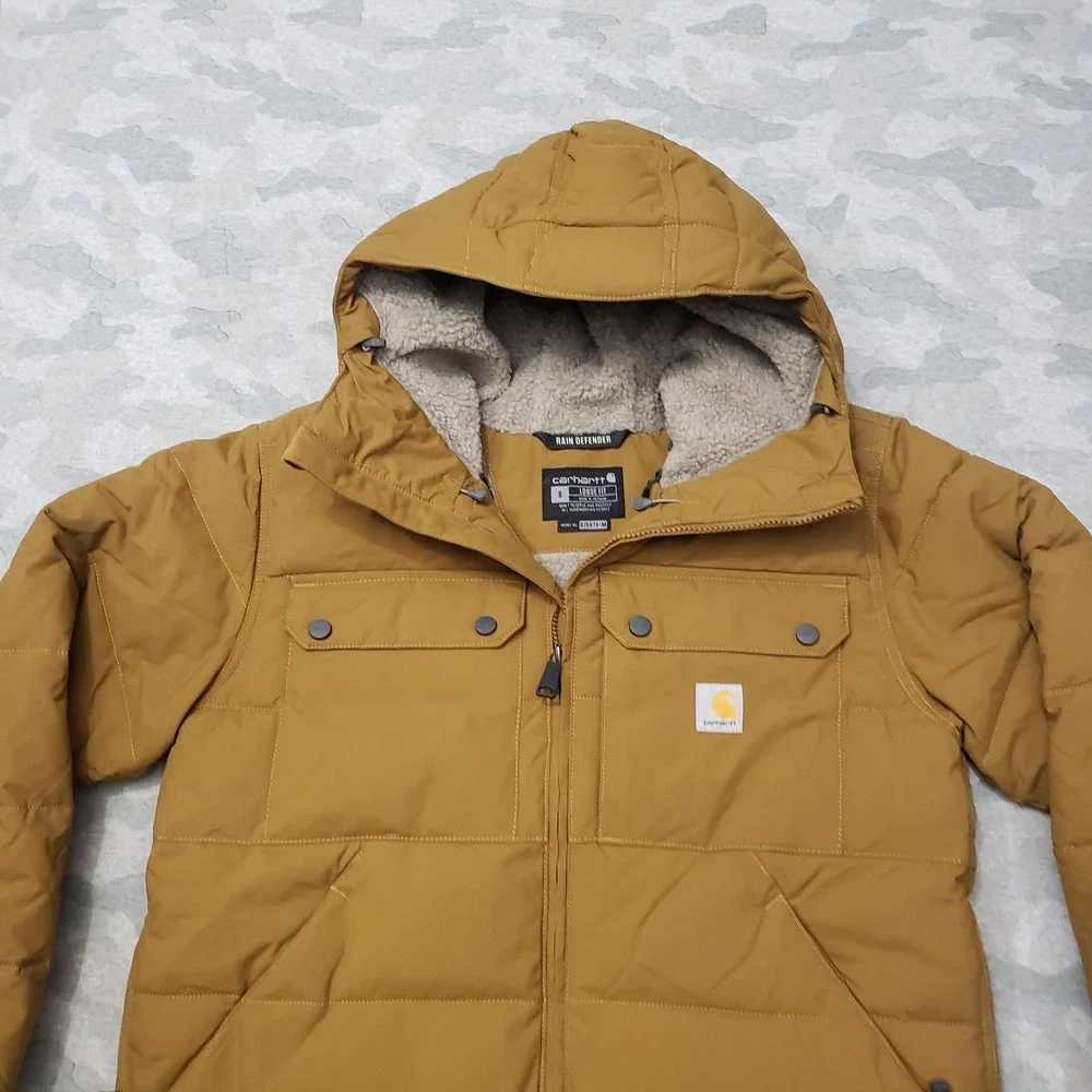 Carhartt Puffer Jacket Mens Small Green Tan Loose Fit Rain Defender‎ Zip Hooded